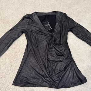 Lauren Ralph Lauren Shimmery Black V-Neck Draped Long Sleeve Top